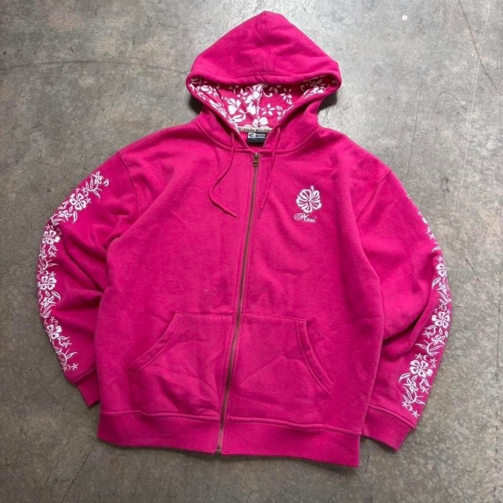 Y2k Paradise Lahaina Hawaiian Floral Sleeve Hit Pink Hoodie Size Large